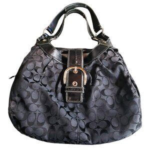 CLASSIC BLACK COACH LOGO FABRIC LEATHER TRIM HOBO SHOULDER BAG WOMEN'S PURSE